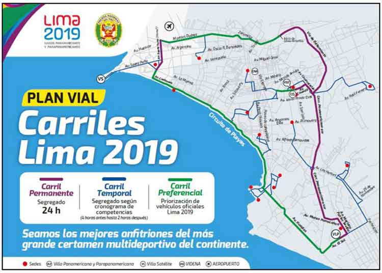 Lima 2019 map of exclusive lanes implemented to facilitate the transport of athletes and PanAm official