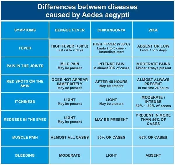 Differences between diseases caused by Aedes aegypti (Zika, Dengue fever and Chikungunya)
