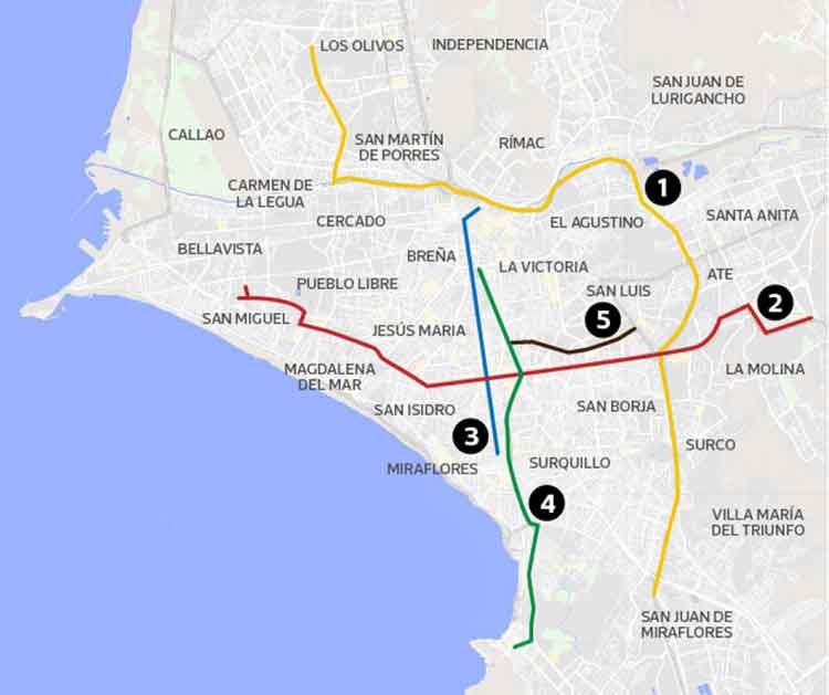 Map of Lima showing the five main traffic axes where license plate restrictions apply
