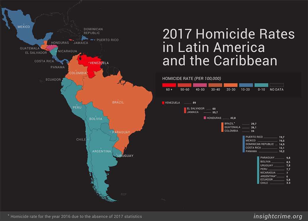 Homicide rates in Latin America and the Caribbean 2017; map: InSight Crime