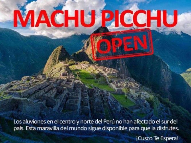 Machu Picchu and many other sights along the classic travel route in Peru are not affected by rain, flooding and destruction and operate as usual