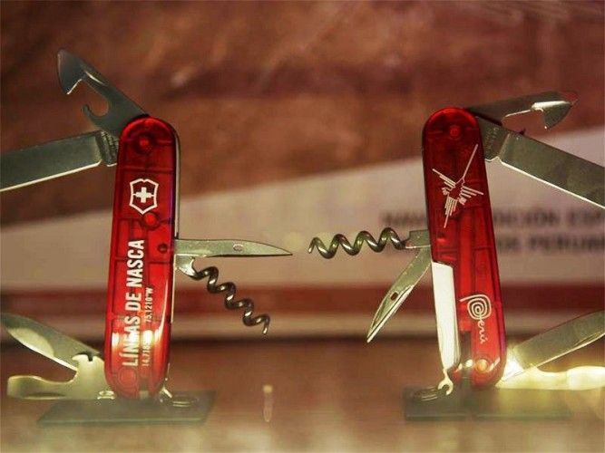 The new Victorinox Spartan pocket knife collection with Peruvian design features Machu Picchu, the Nazca Lines and Caral. Photo: MarcaPeru