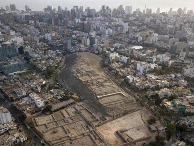 The ancient Huaca Pucllana in Miraflores, Lima surrounded by modern residences; photo: AP