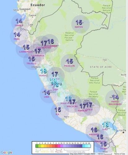 UV index map from January 30th 2017 for Peru as published by Senamhi with extreme levels of radiation which will continue over the next weeks